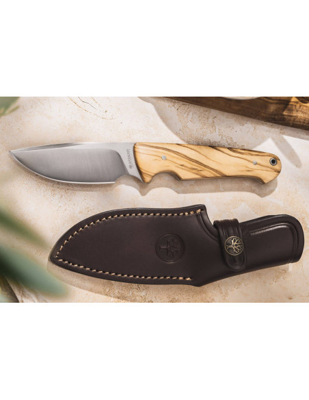 Böker Arbolito Vultur 02BA415 kniv 9,8cm stålblad olivträhandtag + läderslida