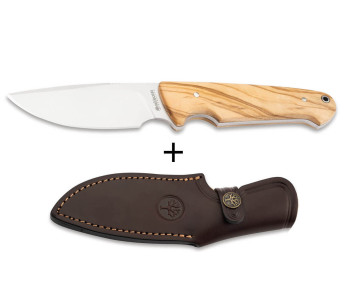 Böker Arbolito Vultur 02BA415 kniv 9,8 cm stålblad oliventræhåndtag + læderskede