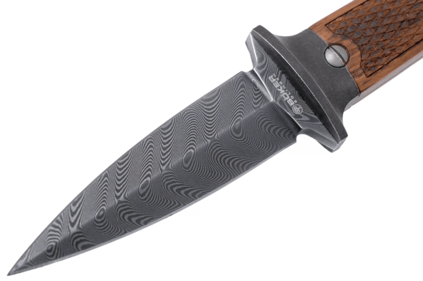 Böker P08 Damaskuskniv 121515DAM 8,2 cm damaskusblad trehåndtak + skinnslire