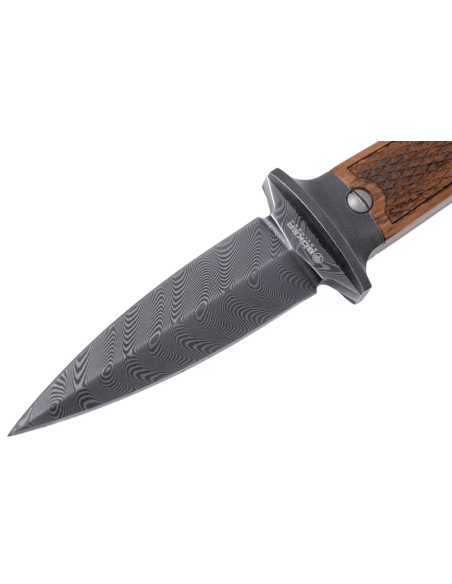 Böker P08 Damaskuskniv 121515DAM 8,2 cm damaskusblad trehåndtak + skinnslire