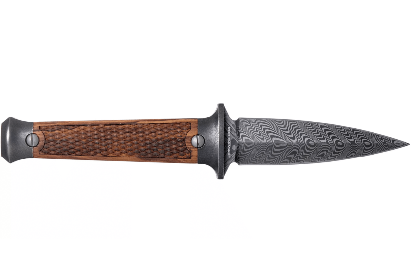Böker P08 Damaskuskniv 121515DAM 8,2cm damaskusblad trähandtag + läderslida