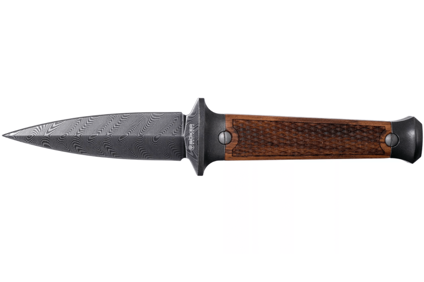 Böker P08 Damaskuskniv 121515DAM 8,2 cm damaskusblad trehåndtak + skinnslire