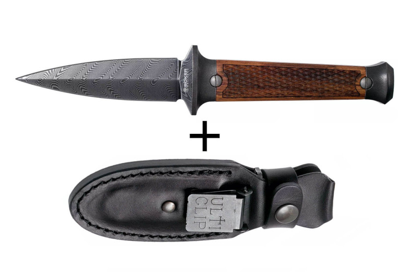 Böker P08 Damaskuskniv 121515DAM 8,2 cm damaskusblad trehåndtak + skinnslire