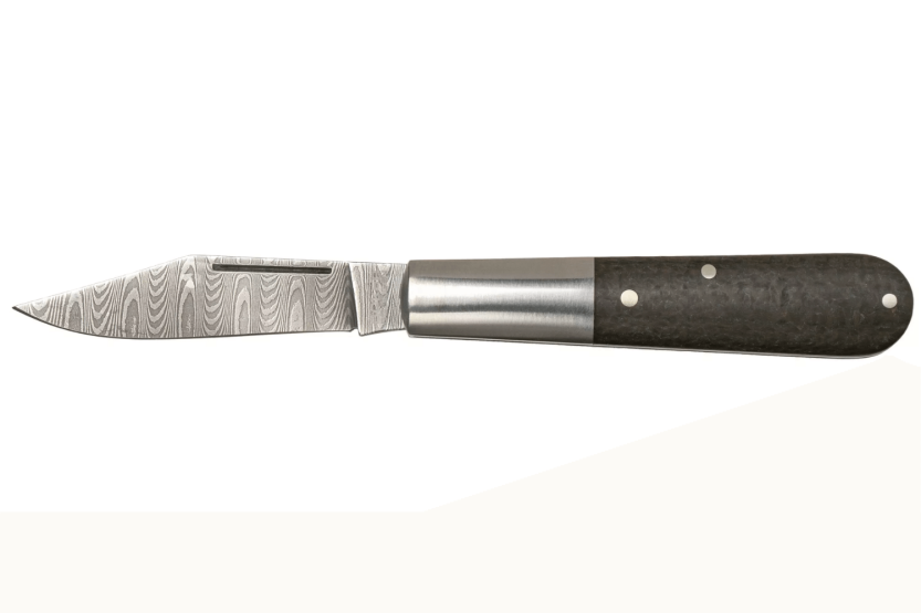 Böker Barlow M4 Sherman Damascus coltello pieghevole manico in micarta marrone e acciaio inox 8,8 cm + fodero in feltro