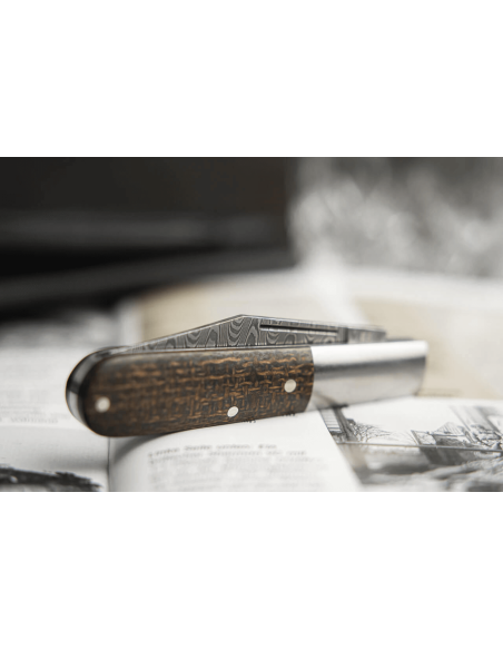 Böker Barlow M4 Sherman Damascus folding knife 110038DAM brown micarta and stainless steel handle 8.8cm + felt sheath