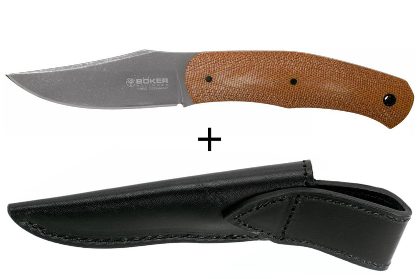 Faca Böker Boxer Fixed 120503 Lâmina de aço de 8,4 cm Cabo em micarta castanho + bainha em pele