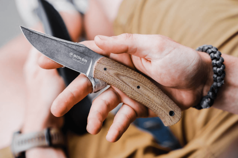 Böker Boxer Fixed Knife 120503 8,4cm steel blade brown micarta handle + leather sheath