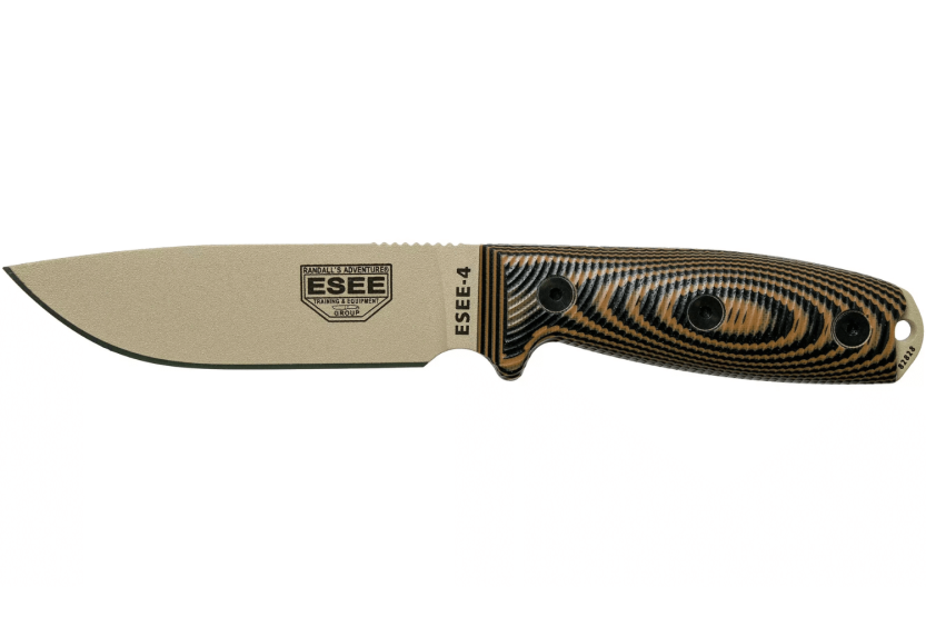 Faca Esee 4 4PDT-005 Lâmina em carbono de 11,6 cm Cabo em G10 coiote/preto + bainha