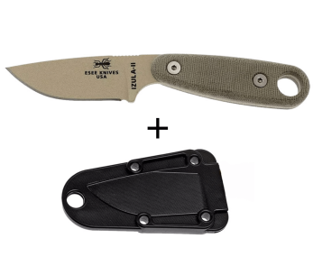 Esee Izula II DT-kniv 6,2 cm blad i karbonstål med micartahåndtak i ørken + slire