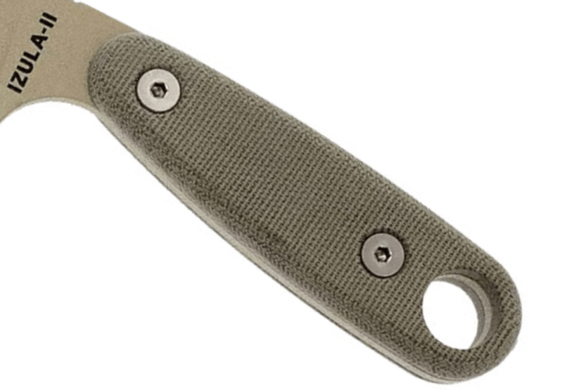 Esee Izula II DT-kniv 6,2 cm klinge i kulstofstål, håndtag i ørkenmikarta + skede
