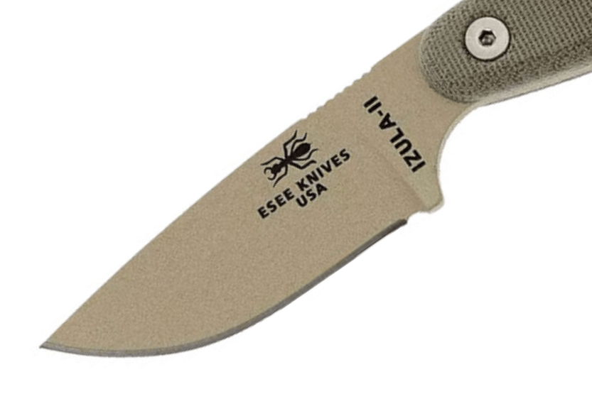 Faca Esee Izula II DT com 6,2 cm de lâmina em aço-carbono e pega em micarta do deserto + bainha