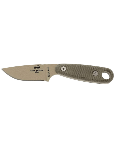Cuchillo Esee Izula II DT 6.2cm hoja acero carbono mango micarta desierto + funda