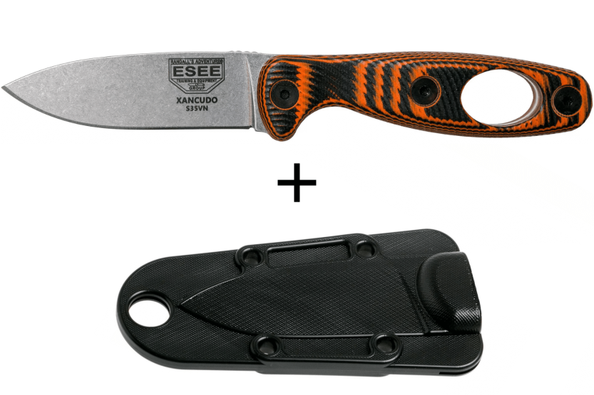 Esee Xancudo XAN1-006 kniv 7,5 cm blad i rustfrit stål G10 orange og sort perforeret håndtag + skede