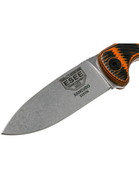 Xancudo XAN1-006 Faca Esee com lâmina de aço inoxidável de 7,5 cm e punho perfurado em G10 laranja e preto + bainha