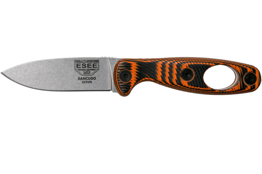 Esee Xancudo XAN1-006 knife 7.5cm stainless steel blade G10 orange and black perforated handle + sheath