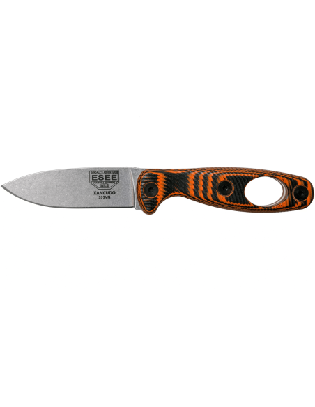 Xancudo XAN1-006 Faca Esee com lâmina de aço inoxidável de 7,5 cm e punho perfurado em G10 laranja e preto + bainha