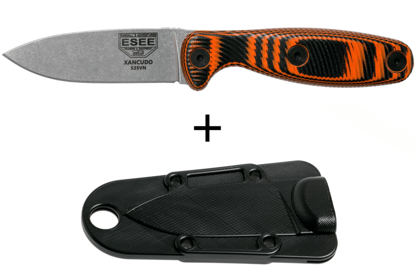 Esee Messer Xancudo XAN2-006 Klinge aus rostfreiem Stahl 7,5cm Griff G10 orange und schwarz + Etui