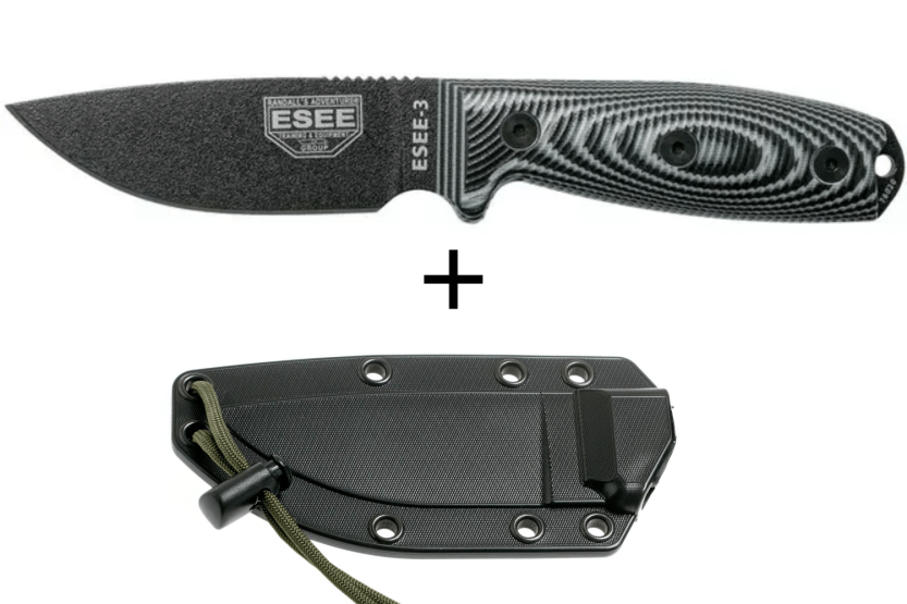 Faca Esee 3 3PMB-002 Lâmina de 8,8 cm em aço carbono Cabo em G10 cinzento e preto + estojo