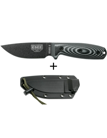 Faca Esee 3 3PMB-002 Lâmina de 8,8 cm em aço carbono Cabo em G10 cinzento e preto + estojo