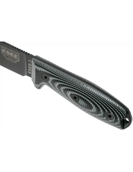 Esee 3 3PMB-002 veitsi 8.8cm hiiliteräksestä valmistettu terä G10 harmaa ja musta kahva + laukku