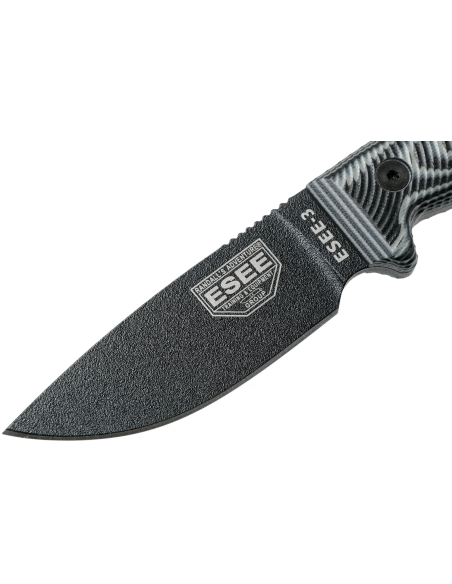 Esee 3 3PMB-002 veitsi 8.8cm hiiliteräksestä valmistettu terä G10 harmaa ja musta kahva + laukku