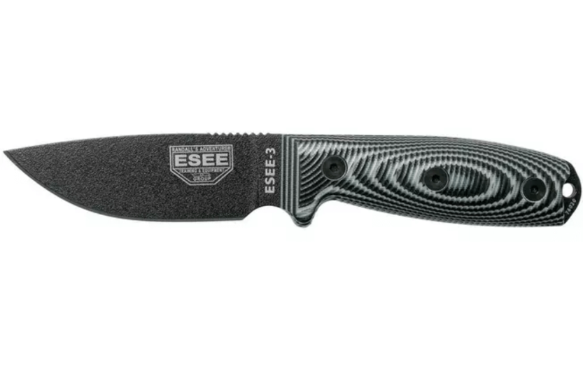 Esee 3 3PMB-002 cuchillo 8.8cm hoja acero carbono G10 mango gris y negro + funda