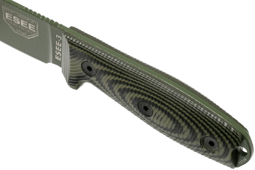 Esee 3 3PMOD-003 cuchillo 8.8cm hoja acero carbono G10 mango verde y negro + funda