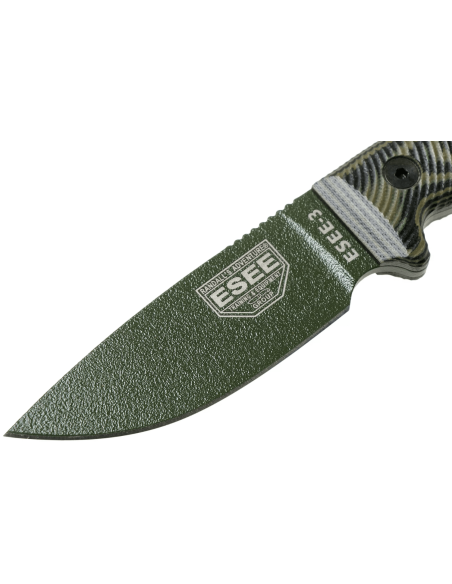 Faca Esee 3 3PMOD-003 Lâmina de 8,8 cm em aço carbono Cabo verde e preto em G10 + bainha