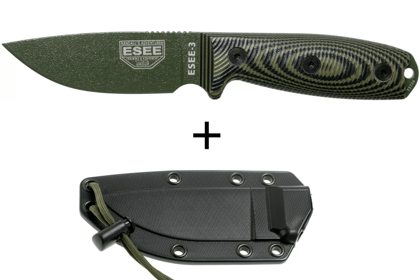Faca Esee 3 3PMOD-003 Lâmina de 8,8 cm em aço carbono Cabo verde e preto em G10 + bainha