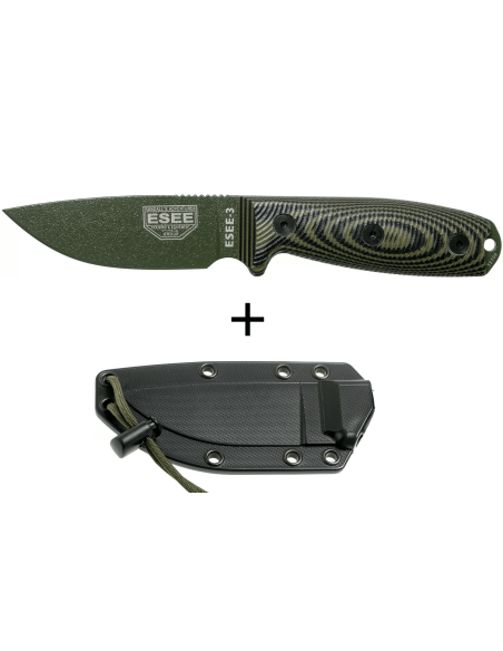Faca Esee 3 3PMOD-003 Lâmina de 8,8 cm em aço carbono Cabo verde e preto em G10 + bainha