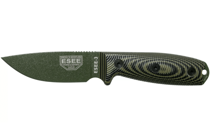 Esee 3 3PMOD-003 cuchillo 8.8cm hoja acero carbono G10 mango verde y negro + funda