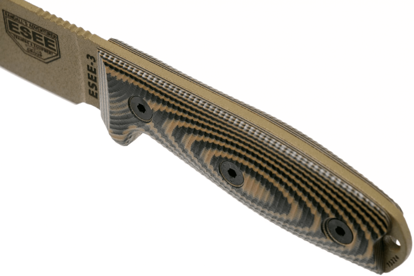 Esee 3 3PMDE-005 veitsi 8.8cm hiiliteräksestä terä G10 kojootti ja musta kahva + tuppi + tuppi