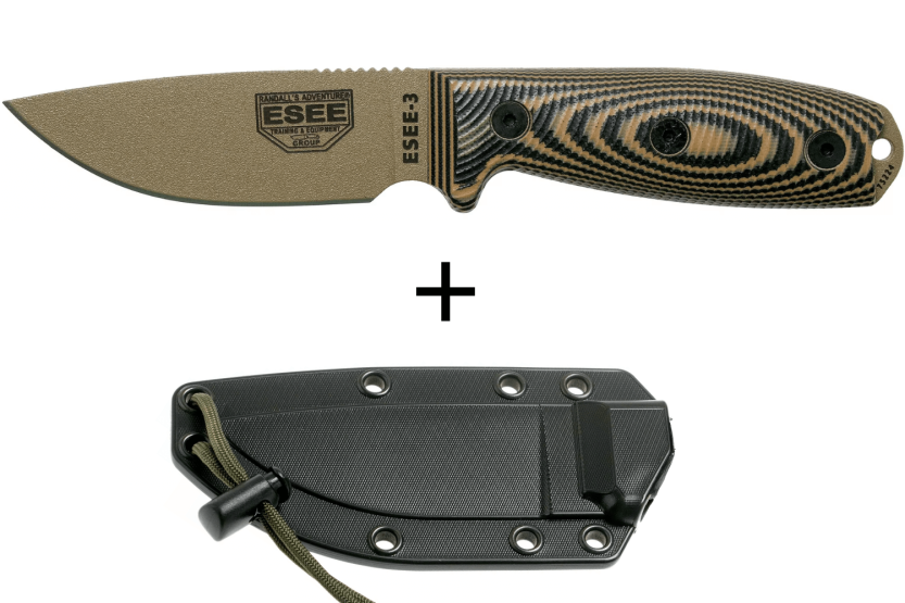 Messer Esee 3 3PMDE-005 Karbonstahlklinge 8,8cm Griff G10 coyote und schwarz + Etui