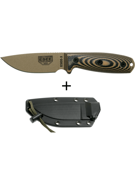Messer Esee 3 3PMDE-005 Karbonstahlklinge 8,8cm Griff G10 coyote und schwarz + Etui