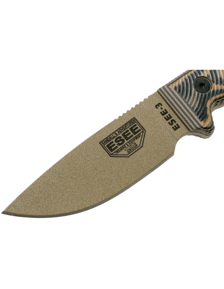 Faca Esee 3 3PMDE-005 Lâmina de 8,8 cm em aço carbono G10 coiote e cabo preto + bainha