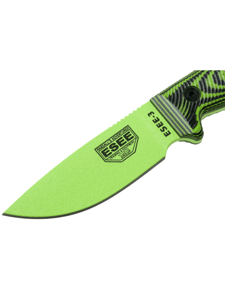 Esee 3 3PMVG-007 kniv 8,8 cm kulstofstålblad G10-håndtag sort og giftgrøn + skede