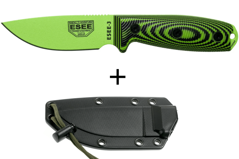 Esee 3 3PMVG-007 kniv 8,8 cm karbonstålblad G10-håndtak svart og giftgrønn + slire