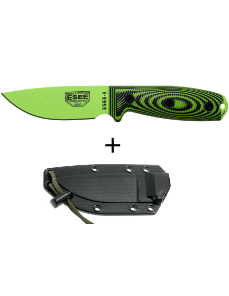 Esee 3 3PMVG-007 kniv 8,8 cm karbonstålblad G10-håndtak svart og giftgrønn + slire