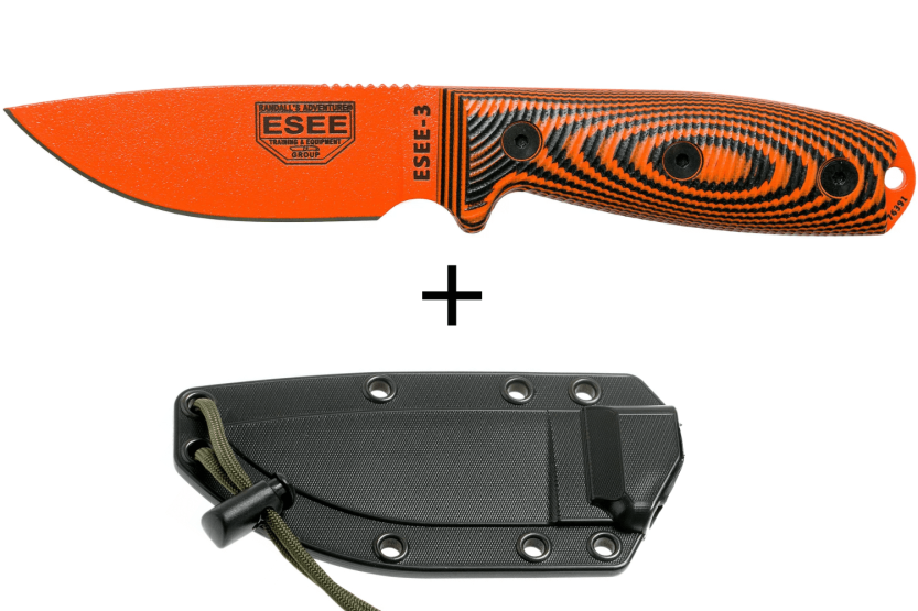 Messer Esee 3 3PMOR-006 Karbonstahlklinge 8,8cm Griff G10 schwarz und orange + Etui