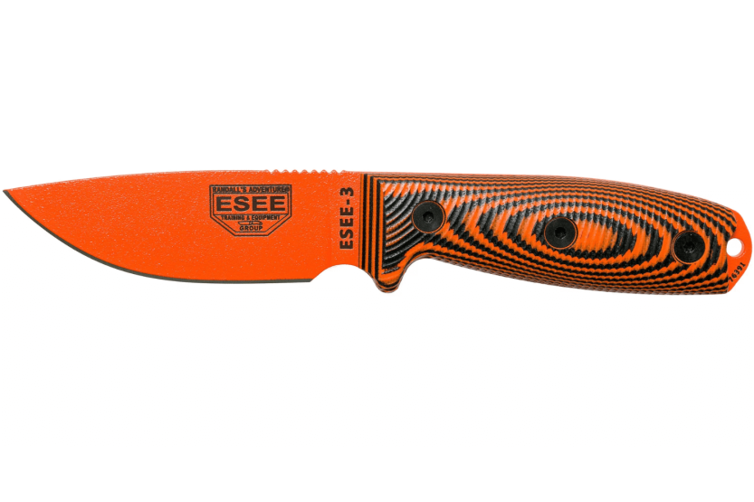 Esee 3 3PMOR-006 veitsi 8.8cm hiiliteräksestä valmistettu terä G10 musta ja oranssi kahva + kotelo + kotelo