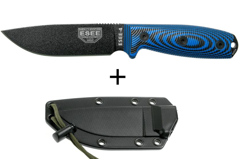 Esee 4 Knife 4PB-008 11,6 cm klinge i kulstofstål G10 blåt og sort håndtag + skede