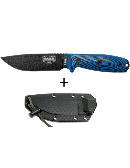 Esee 4 Knife 4PB-008 11,6 cm klinge i kulstofstål G10 blåt og sort håndtag + skede