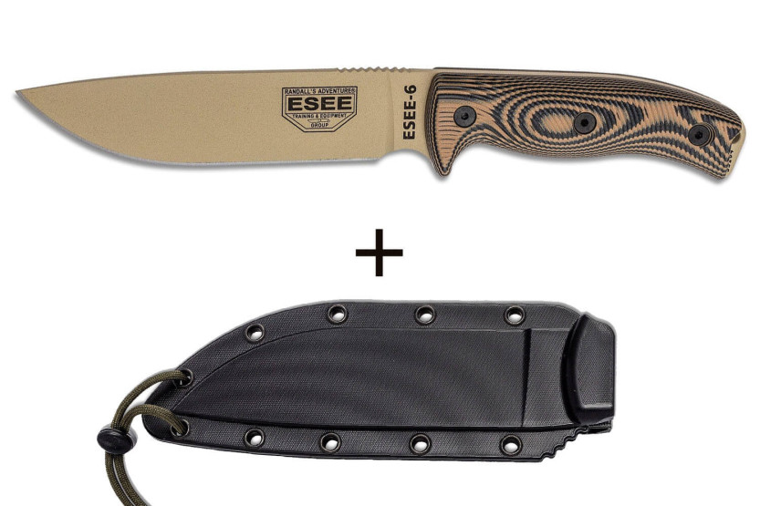 Esee 6 6PDT-005 kniv 16,5 cm kulstofblad G10-håndtag Coyote og sort + skede