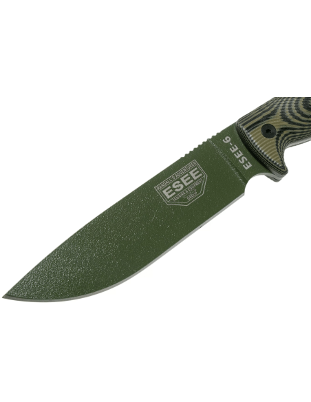 Esee 6 6POD-003 veitsi 16.5cm hiiliteräksestä valmistettu terä G10 vihreä ja musta kahva + kotelo + kotelo