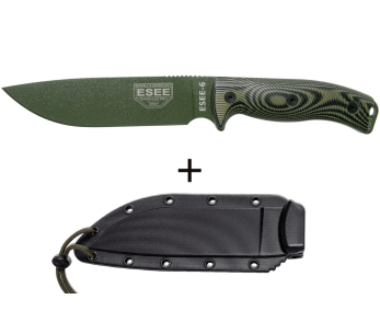 Faca Esee 6 6POD-003 Lâmina de 16,5 cm em aço carbono Cabo verde e preto em G10 + bainha