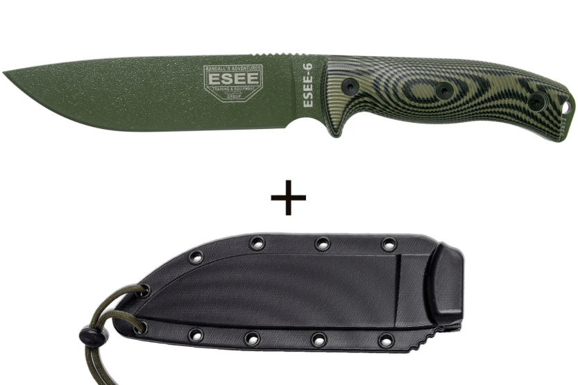 Faca Esee 6 6POD-003 Lâmina de 16,5 cm em aço carbono Cabo verde e preto em G10 + bainha
