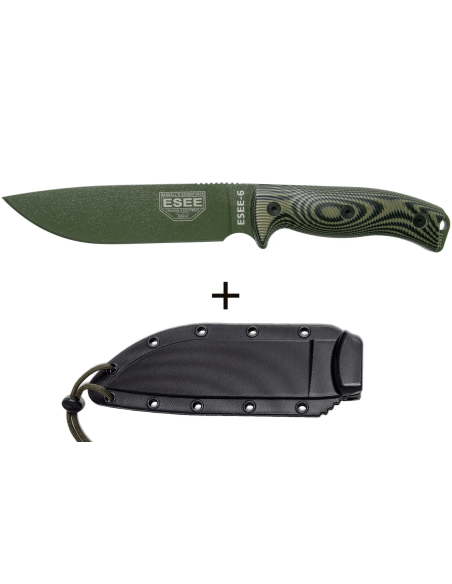 Esee 6 6POD-003 cuchillo 16.5cm hoja acero carbono G10 mango verde y negro + funda