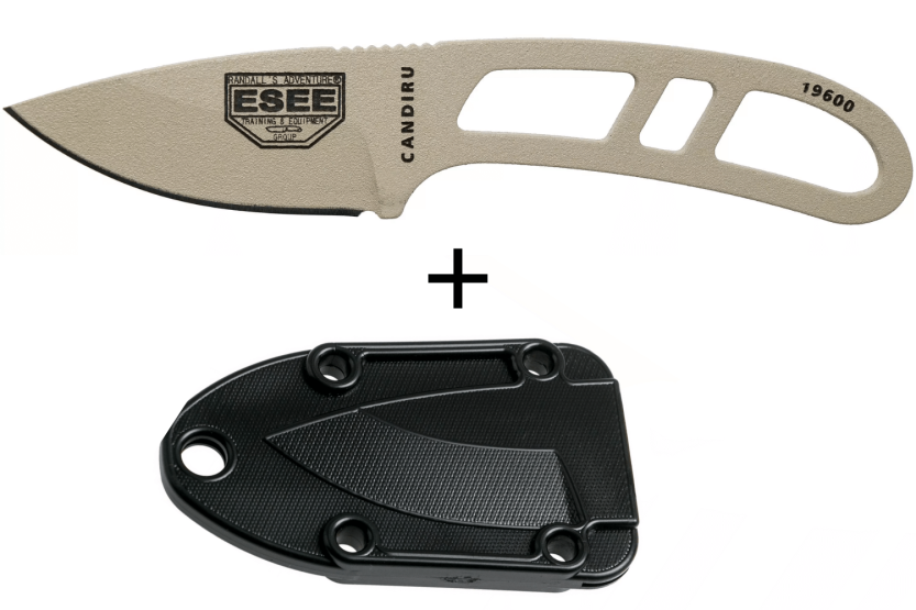 Esee Candiru CAN-DT-E halskniv 5,1 cm blad i karbonstål gjennombrutt stålhåndtak + slire