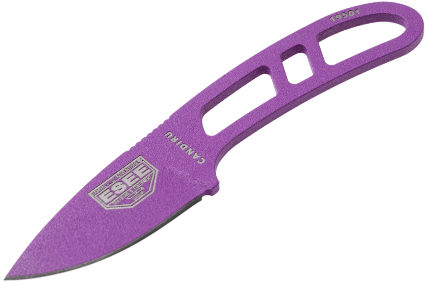 Esee Candiru CAN-PURP-E Halsmesser mit Karbonstahlklinge 5,1cm und durchbrochenem Griff aus violettem Stahl + Etui