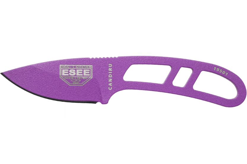 Esee Candiru CAN-PURP-E halskniv 5,1 cm klinge i kulstofstål gennembrudt violet stålhåndtag + skede